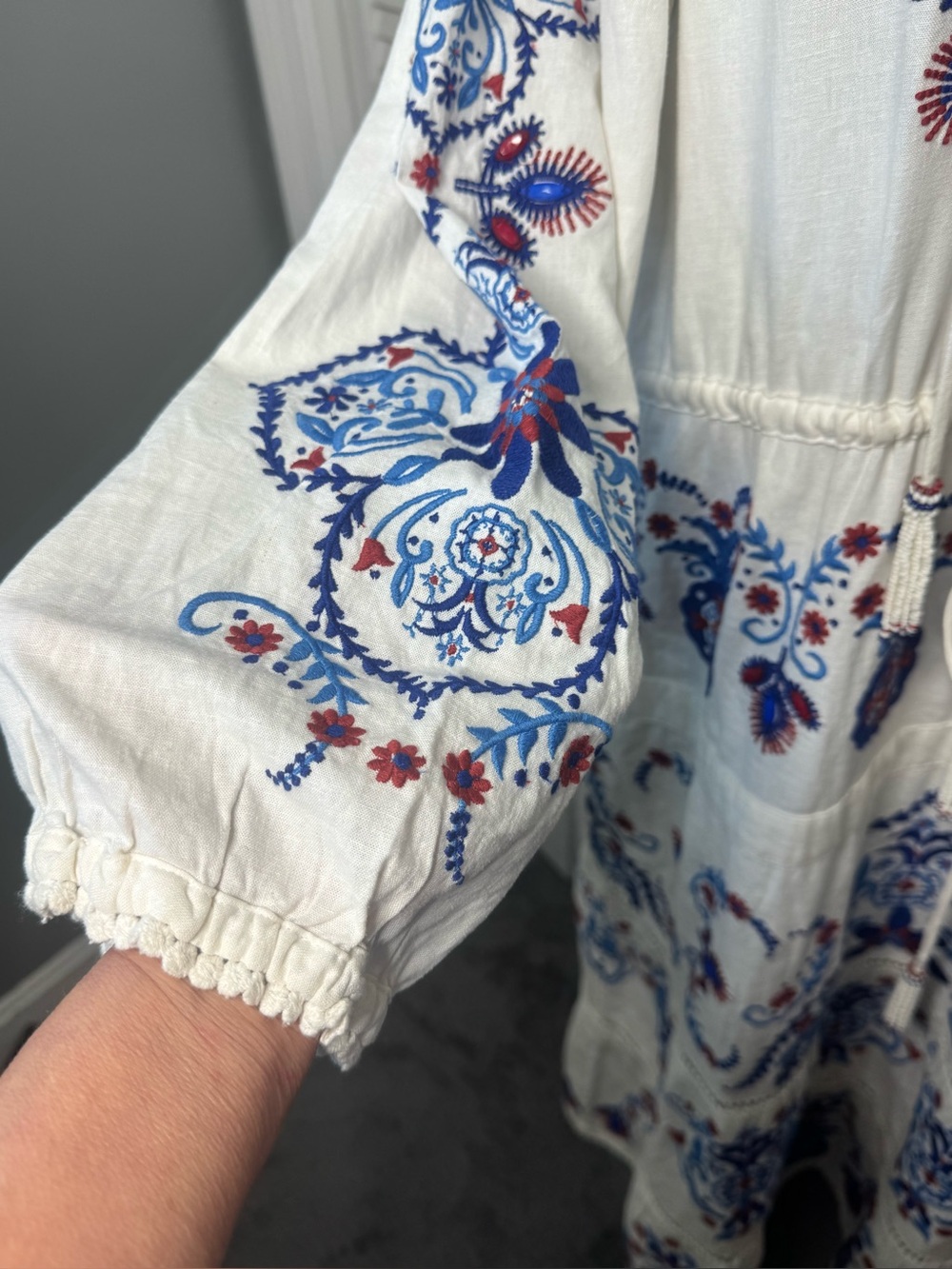 Farm Rio Linen Blend Embroidered Midi White Navy Boho Peasant Artsy Dress XL - Picture 7 of 16